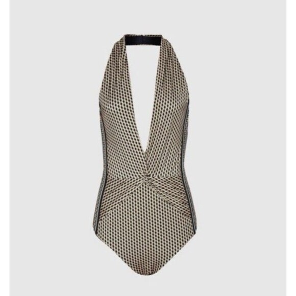 Reiss Women's Plunge V-Neck Print One Piece Halter Swimsuit Blue US Size 4 - Picture 13 of 16